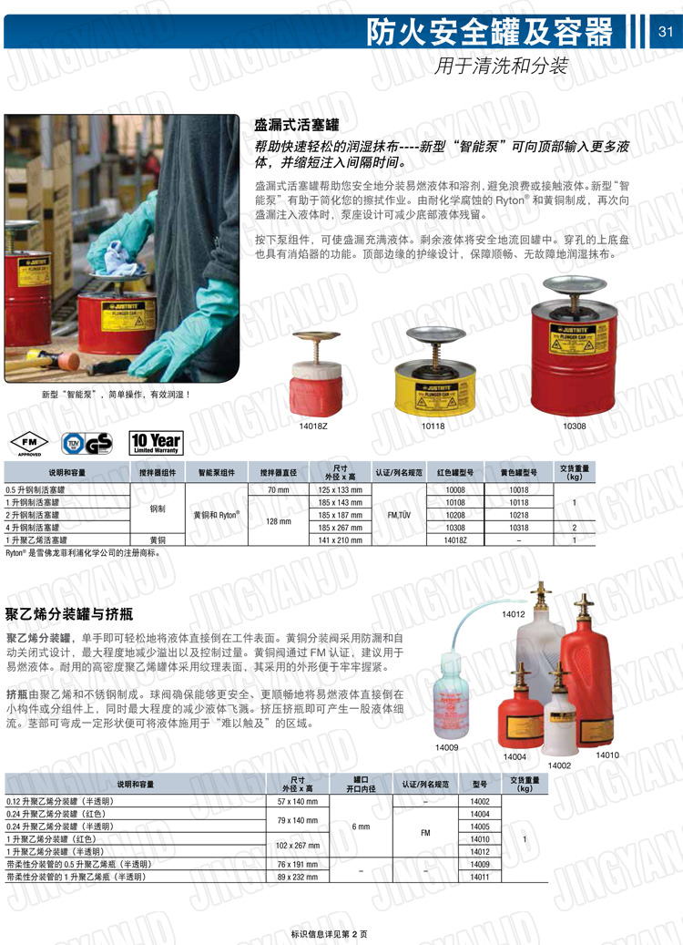 美國杰斯瑞特，JUSTRITE，活塞安全罐，盛漏式活塞罐，化學(xué)品分裝罐，